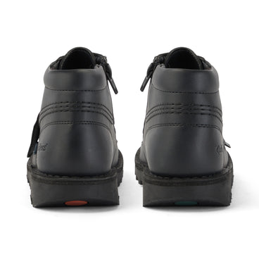 Back view of Junior Unisex Kick Hi Zip Leather Alternative Black