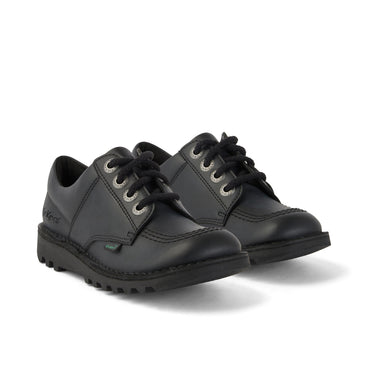 Front ¾ right of Junior Unisex Kick Lo Leather Alternative Black