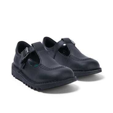 Front ¾ right of Junior Girls Kick T Bar Leather Alternative Black