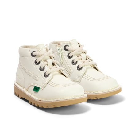 Front ¾ right of Infant Unisex Kick Hi Zip Leather Alternative White