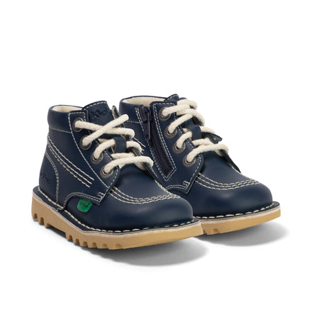 Front ¾ right of Infant Unisex Kick Hi Zip Leather Alternative Navy
