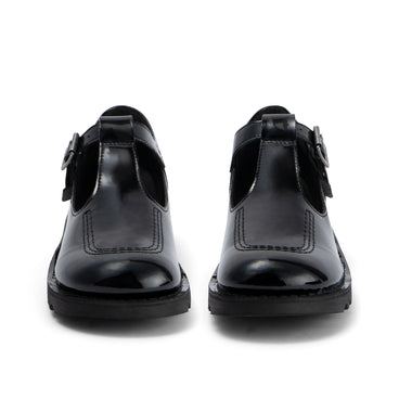 Front view of Youth Womens Kick T Bar Leather Alternative Patent Leather Black