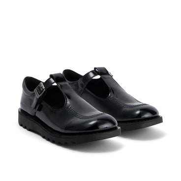 Front ¾ right of Youth Womens Kick T Bar Leather Alternative Patent Leather Black