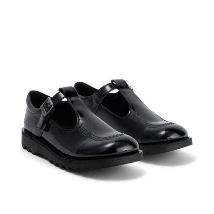 Front ¾ right of Youth Womens Kick T Bar Leather Alternative Patent Leather Black