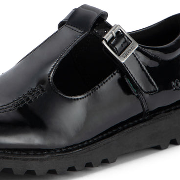 Detail view (close-up) of Youth Womens Kick T Bar Leather Alternative Patent Leather Black
