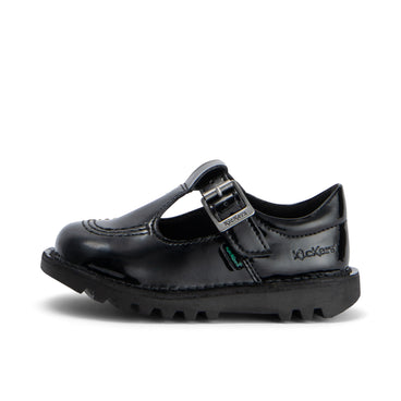 Left side view of Infant Girls Kick T Bar Leather Alternative Patent Leather Black