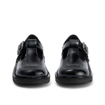 Front view of Infant Girls Kick T Bar Leather Alternative Patent Leather Black