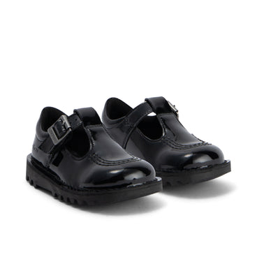 Front ¾ right of Infant Girls Kick T Bar Leather Alternative Patent Leather Black