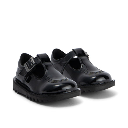 Front ¾ right of Infant Girls Kick T Bar Leather Alternative Patent Leather Black