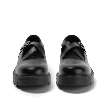 Front view of Youth Womens Kori MJ Cross High shine leather Black