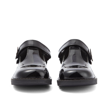 Front view of Junior Girls Kick T Bar Bloom Patent Leather Black