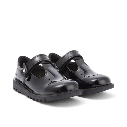 Front ¾ right of Junior Girls Kick T Bar Bloom Patent Leather Black