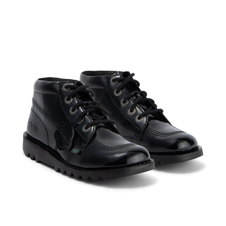 Front ¾ right of Adult Womens Kick Hi Leather Alternative Patent Leather Black