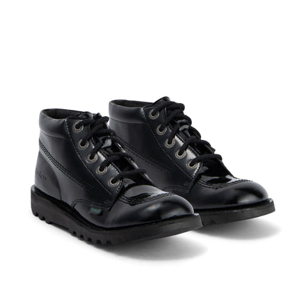 Front ¾ right of Youth Womens Kick Hi Leather Alternative Patent Leather Black