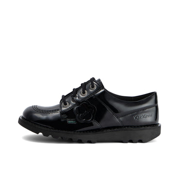 Left side view of Youth Womens Kick Lo Leather Alternative Patent Leather Black