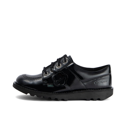 Left side view of Youth Womens Kick Lo Leather Alternative Patent Leather Black
