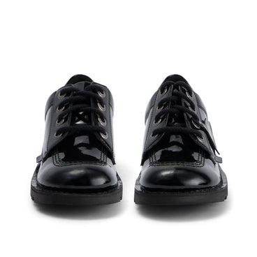 Front view of Youth Womens Kick Lo Leather Alternative Patent Leather Black