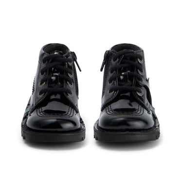 Front view of Infant Girls Kick Hi Zip Leather Alternative Patent Leather Black