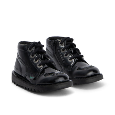 Front ¾ right of Infant Girls Kick Hi Zip Leather Alternative Patent Leather Black
