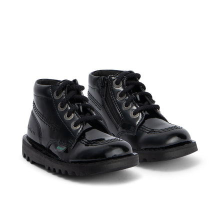Front ¾ right of Infant Girls Kick Hi Zip Leather Alternative Patent Leather Black