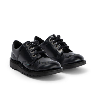 Front ¾ right of Junior Girls Kick Lo Leather Alternative Patent Leather Black