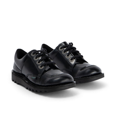 Front ¾ right of Junior Girls Kick Lo Leather Alternative Patent Leather Black