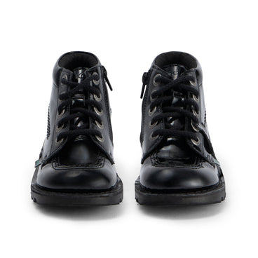 Front view of Junior Girls Kick Hi Zip Leather Alternative Patent Leather Black