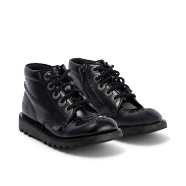 Front ¾ right of Junior Girls Kick Hi Zip Leather Alternative Patent Leather Black