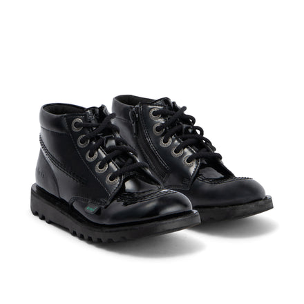 Front ¾ right of Junior Girls Kick Hi Zip Leather Alternative Patent Leather Black