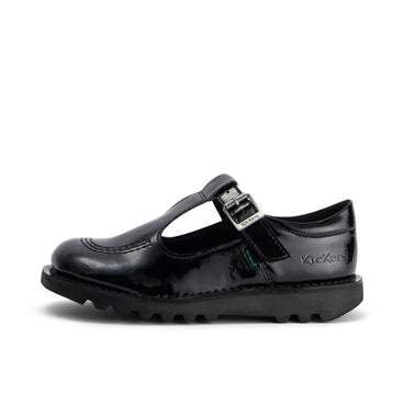 Left side view of Junior Girls Kick T Bar Leather Alternative Patent Leather Black