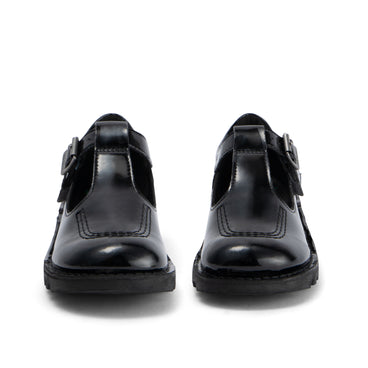 Front view of Junior Girls Kick T Bar Leather Alternative Patent Leather Black