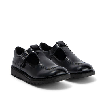 Front ¾ right of Junior Girls Kick T Bar Leather Alternative Patent Leather Black