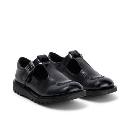 Front ¾ right of Junior Girls Kick T Bar Leather Alternative Patent Leather Black