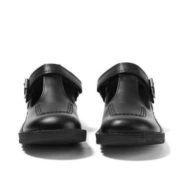 Front view of Junior Girls Kick T Bar Vel Leather Black