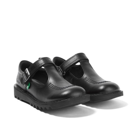 Front ¾ right of Junior Girls Kick T Bar Vel Leather Black