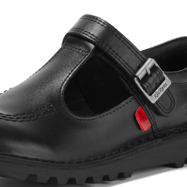 Detail view (close-up) of Junior Girls Kick T Bar Vel Leather Black