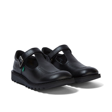 Front ¾ right of Youth Womens Kick T Bar Vel Leather Black