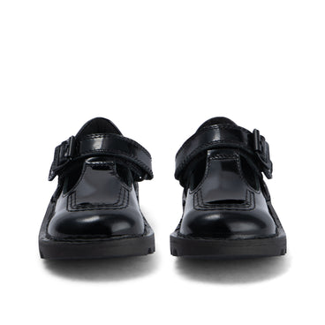 Front view of Infant Girls Kick T Bar Vel Patent Leather Black