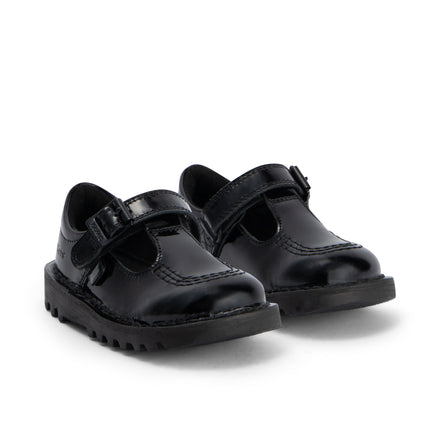 Front ¾ right of Infant Girls Kick T Bar Vel Patent Leather Black