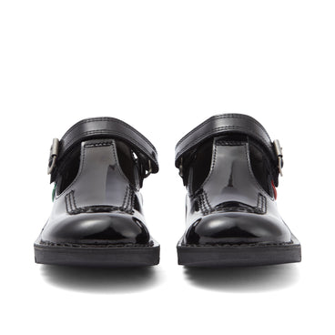 Front view of Junior Girls Kick T Bar Vel Patent Leather Black