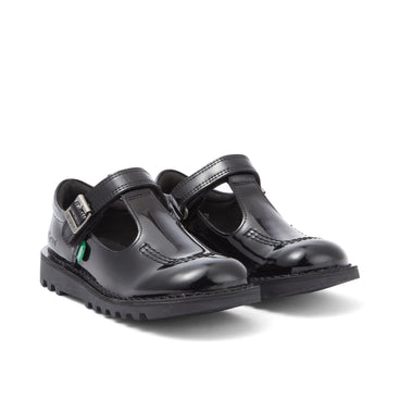 Front ¾ right of Junior Girls Kick T Bar Vel Patent Leather Black