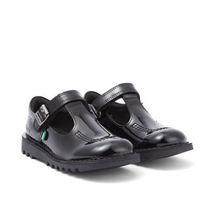 Front ¾ right of Junior Girls Kick T Bar Vel Patent Leather Black