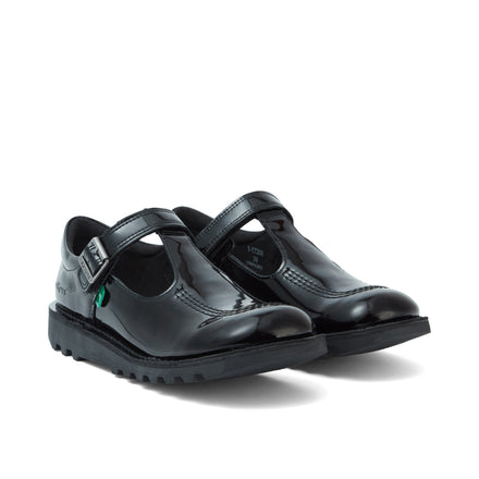 Front ¾ right of Youth Womens Kick T Bar Patent Leather Black