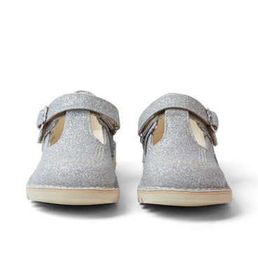 Front view of Infant Girls Kick T Bar Glitter Cosmic Textile Silver