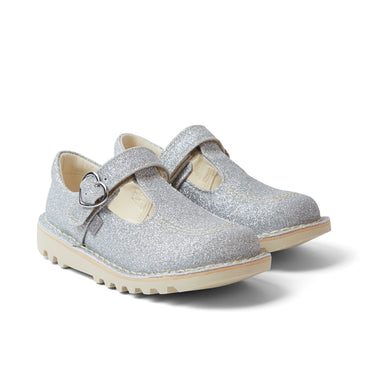 Front ¾ right of Infant Girls Kick T Bar Glitter Cosmic Textile Silver