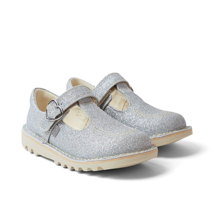 Front ¾ right of Infant Girls Kick T Bar Glitter Cosmic Textile Silver