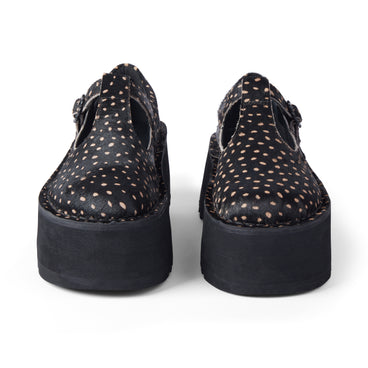 Front view of Adult Women Kick T Bar Platform Leather Black