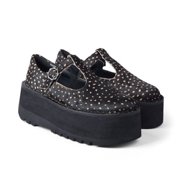 Front ¾ right of Adult Women Kick T Bar Platform Leather Black