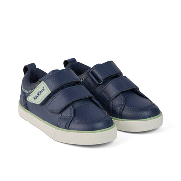 Front ¾ right of Infant Boys Tovni Twin ZigZag Trainers Leather Navy