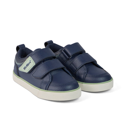 Front ¾ right of Infant Boys Tovni Twin ZigZag Trainers Leather Navy
